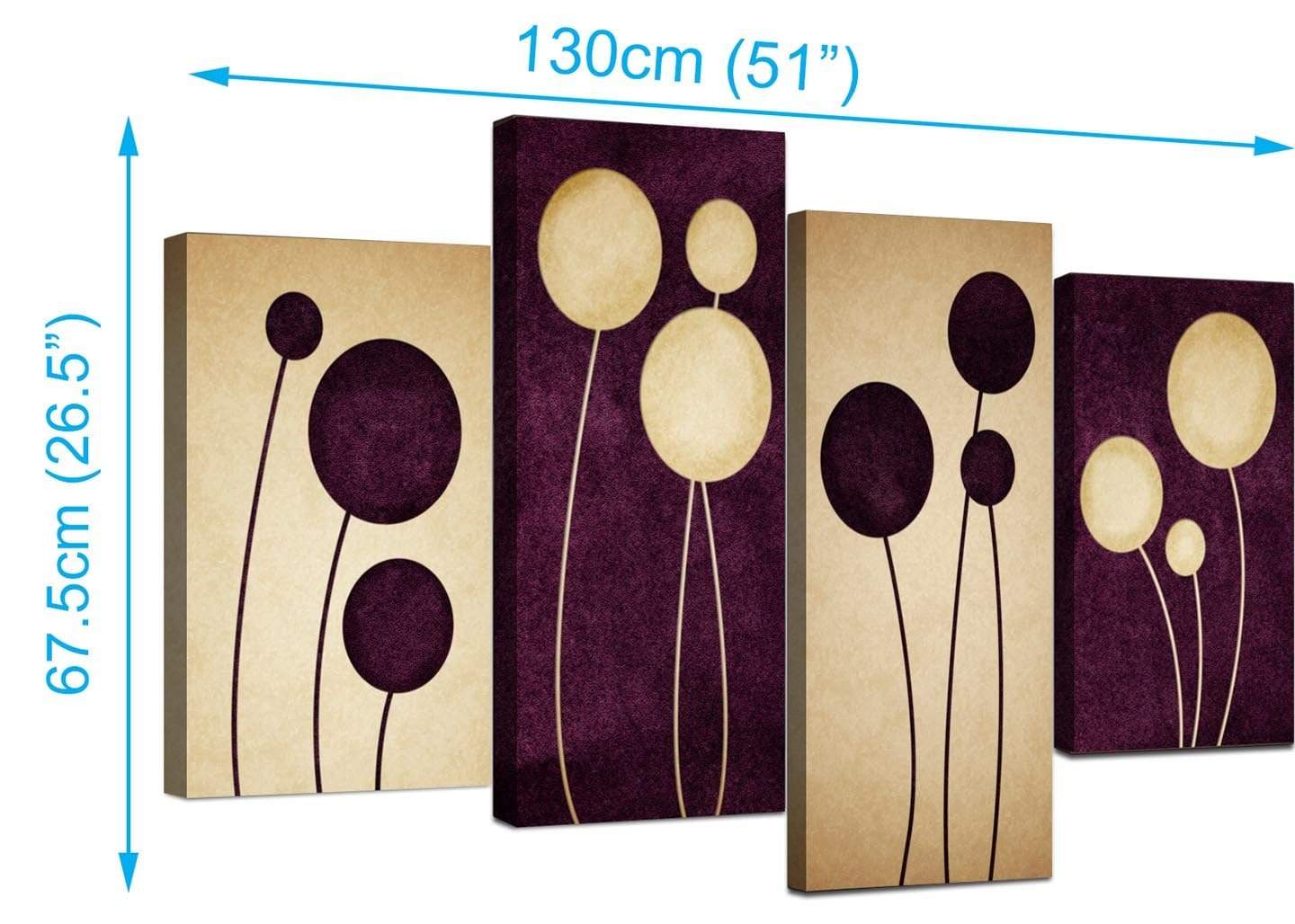 Purple Cream Flowers Modern Abstract Floral Canvas - 4 Piece Set - 130cm - 4124