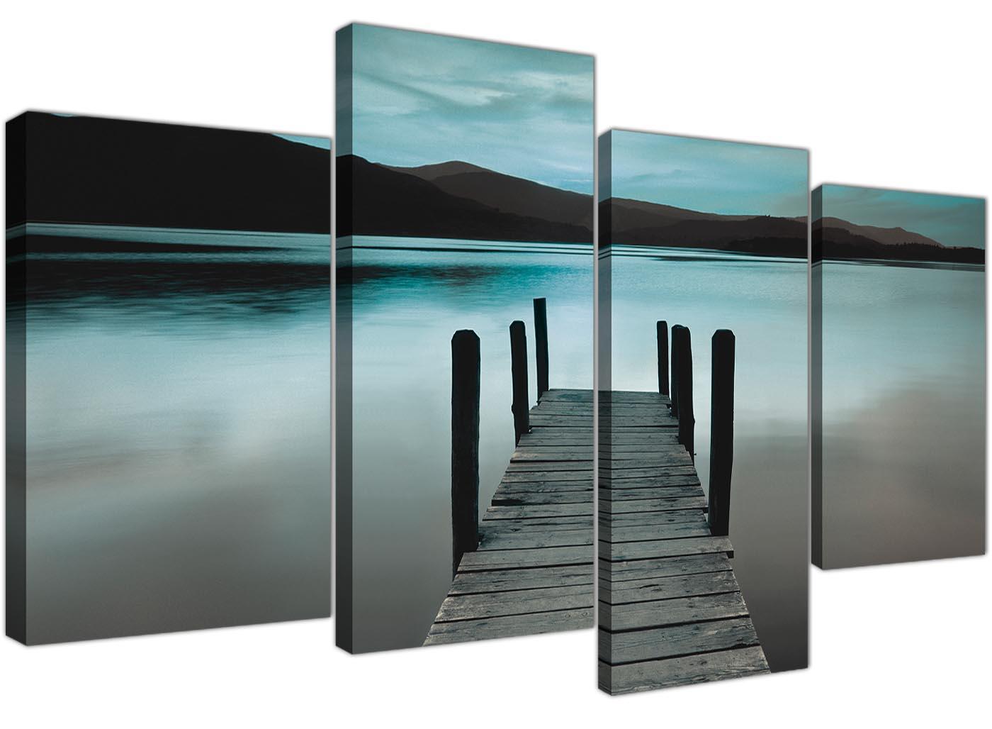 Modern Teal Grey Coloured Lake Jetty View Landscape Canvas