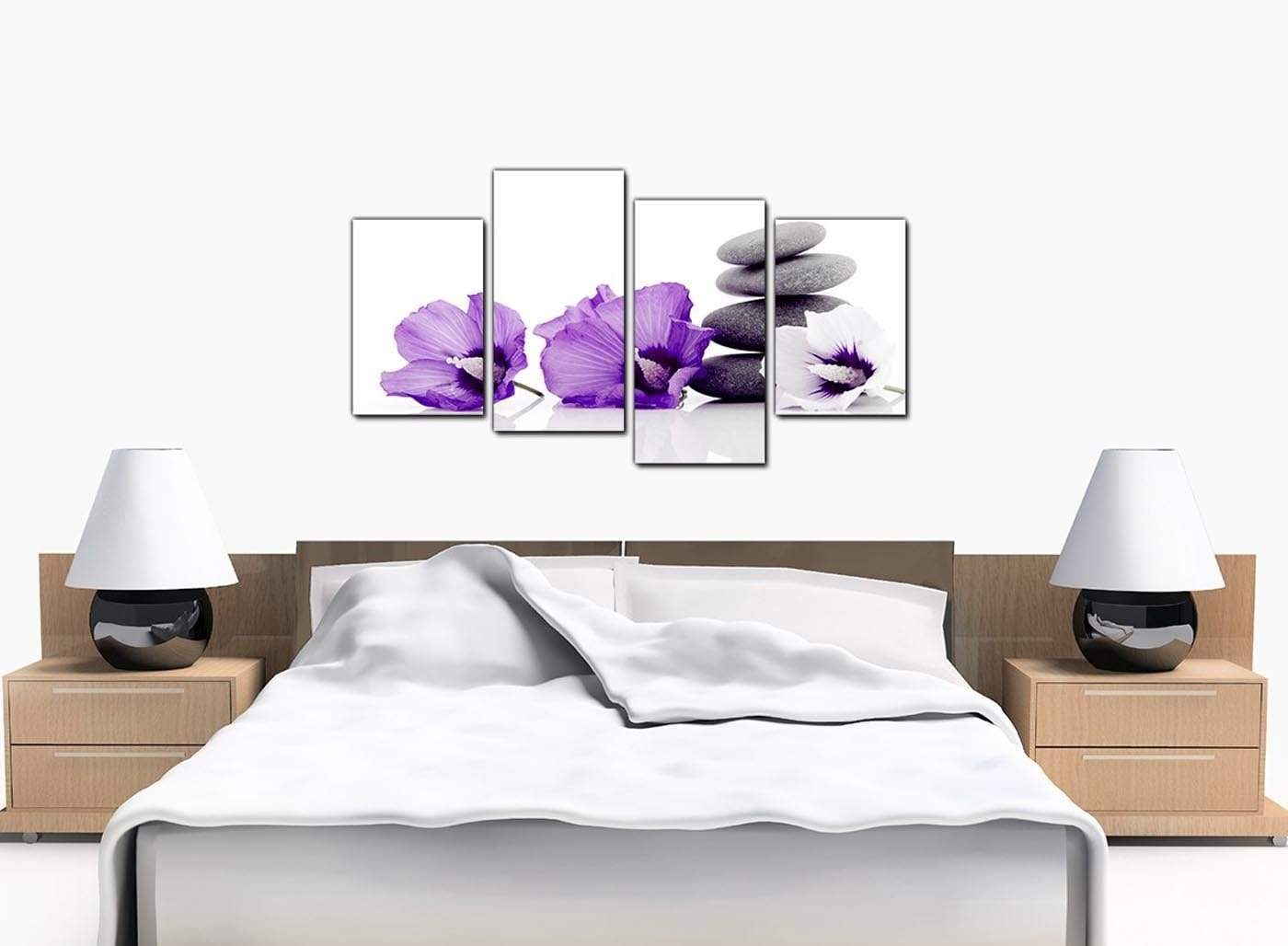 Large Purple Grey White Flowers Zen Stones Floral Canvas Art