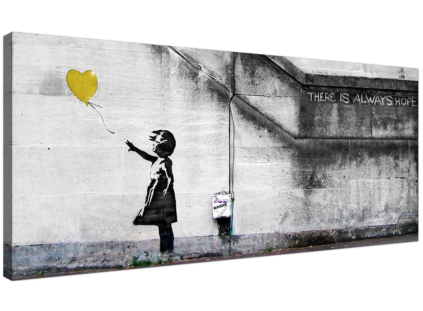 Modern Banksy Balloon Girl Yellow Heart Hope Canvas