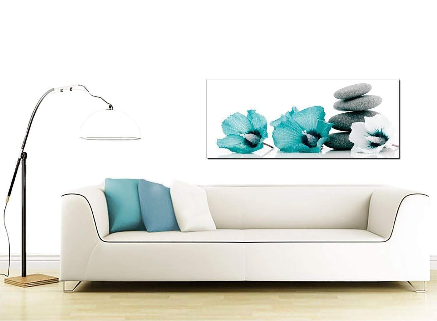 Modern Teal Grey White Flowers Zen Stones Floral Canvas