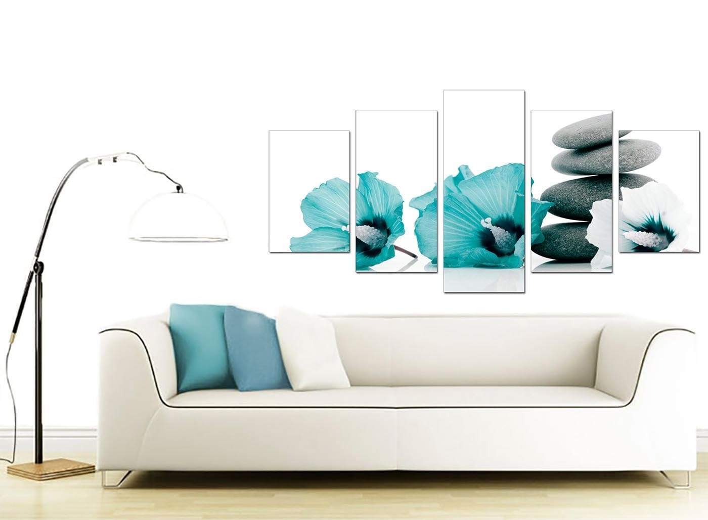 Modern Teal Grey White Flowers Zen Stones Floral Canvas