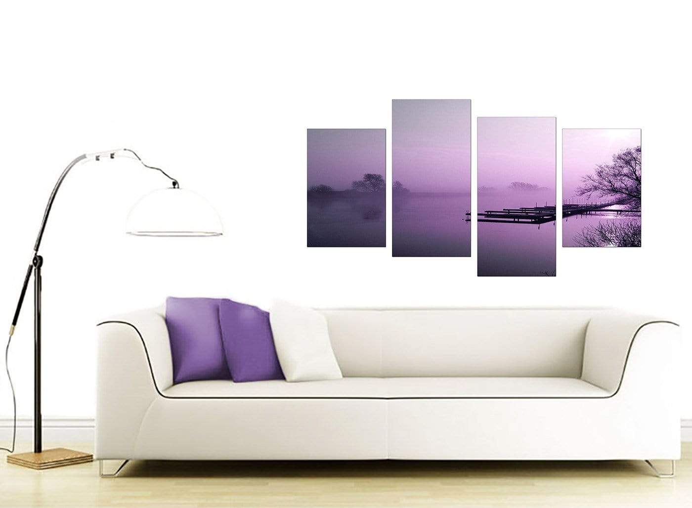 Purple Sunset Jetty Lake View Landscape Modern Canvas Art