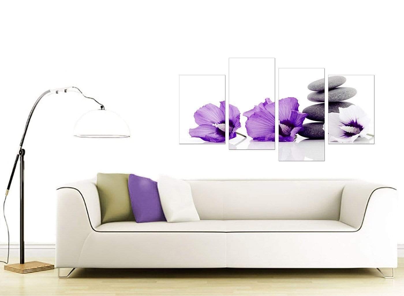 Large Purple Grey White Flowers Zen Stones Floral Canvas Art