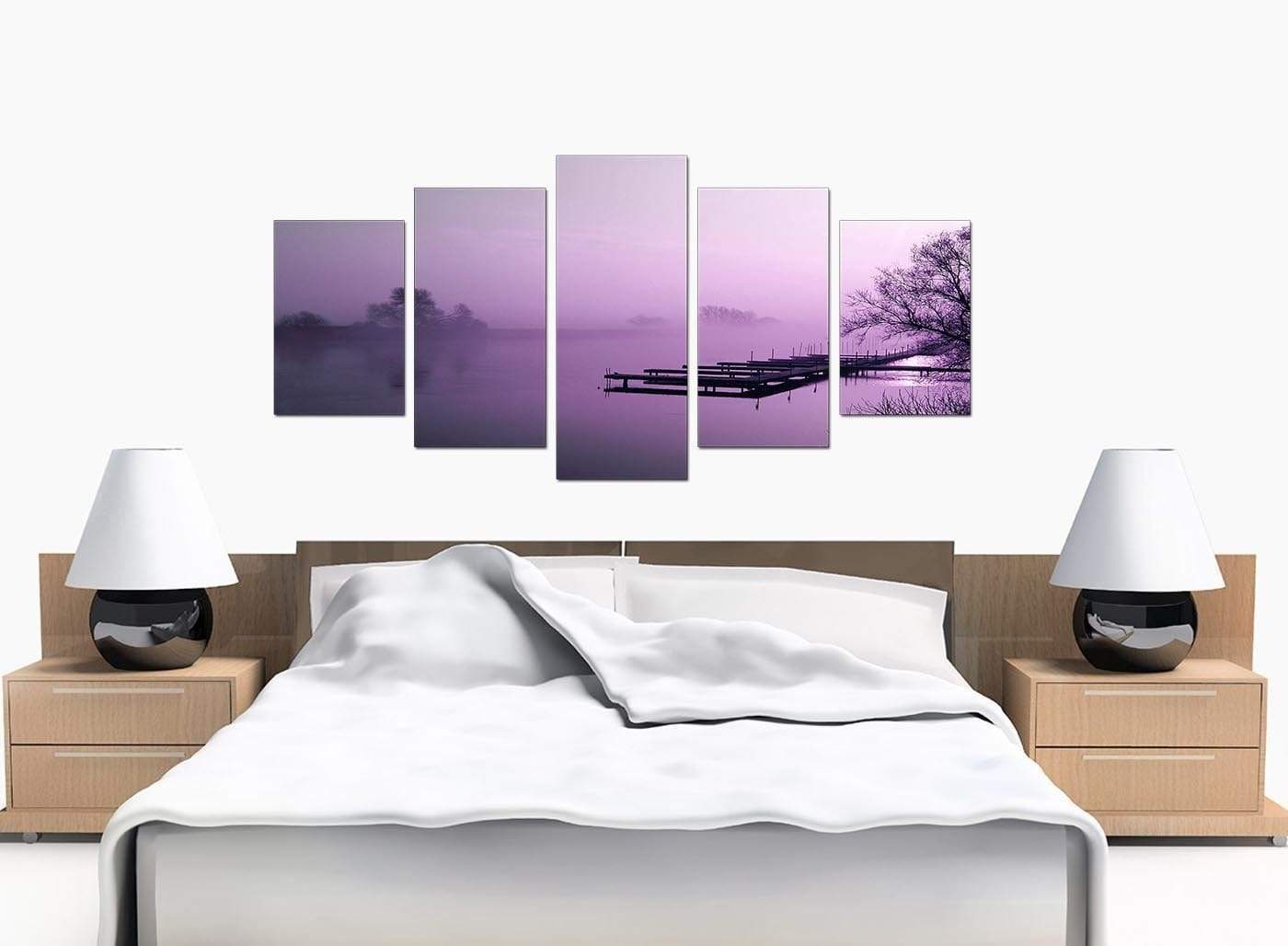Purple Sunset Jetty Lake View Landscape Modern Canvas Art