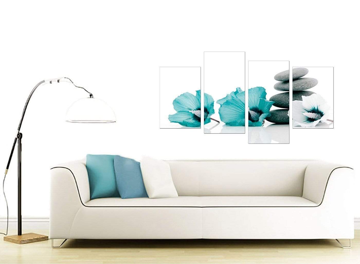 Modern Teal Grey White Flowers Zen Stones Floral Canvas