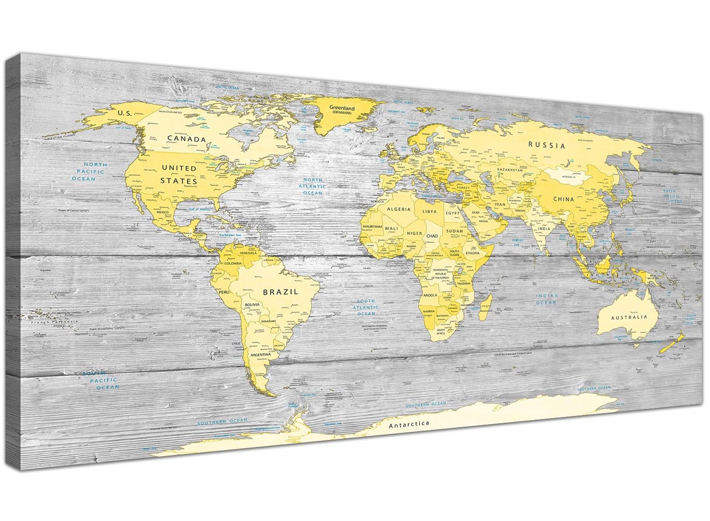 Yellow Grey Map of World Atlas Canvas Wall Art Print