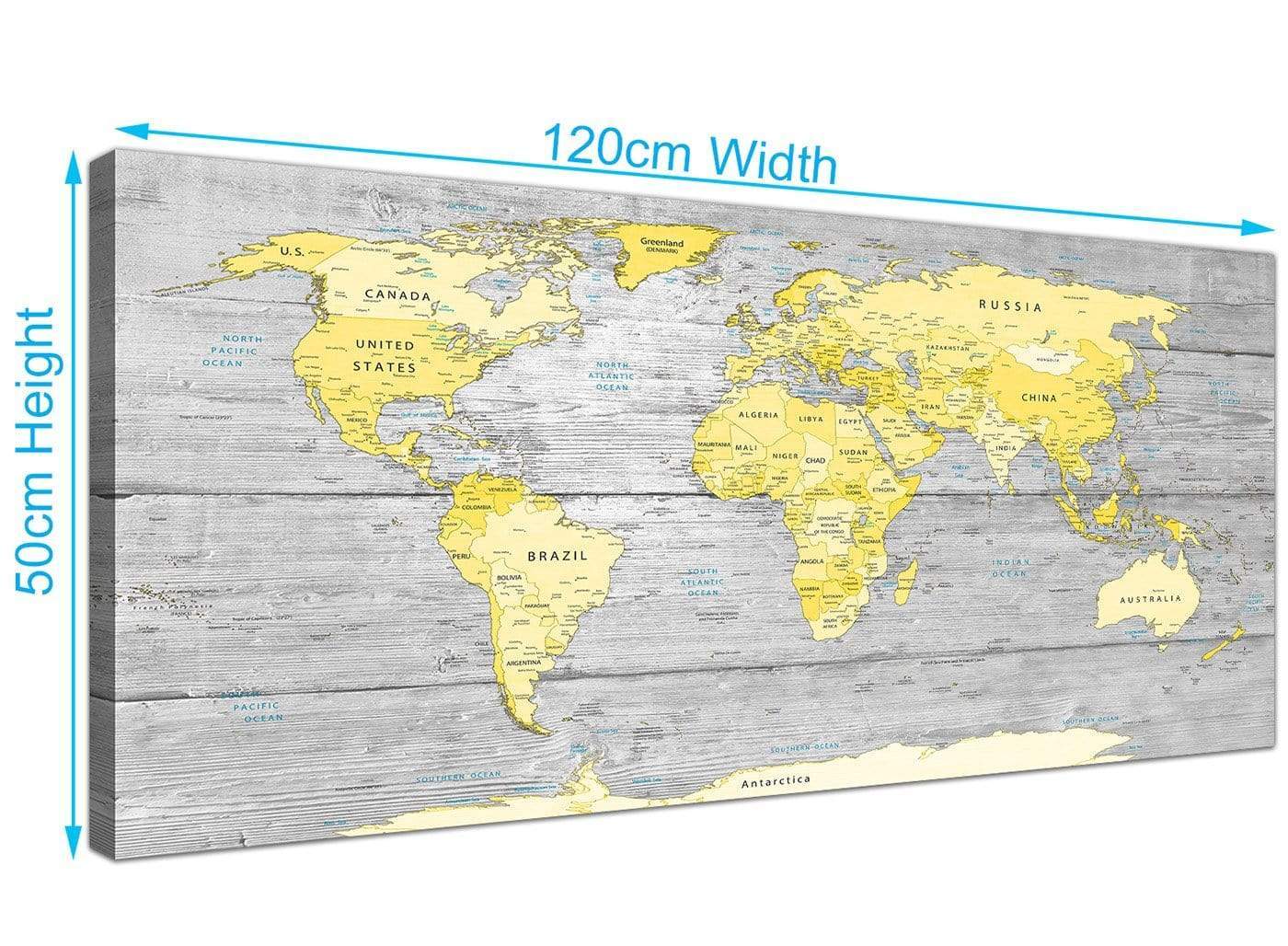 Yellow Grey Map of World Atlas Canvas Wall Art Print