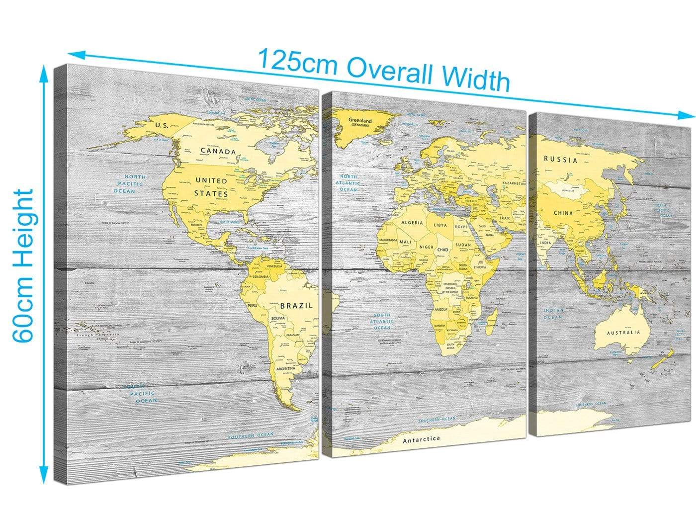 Yellow Grey Map of World Atlas Canvas Wall Art Print