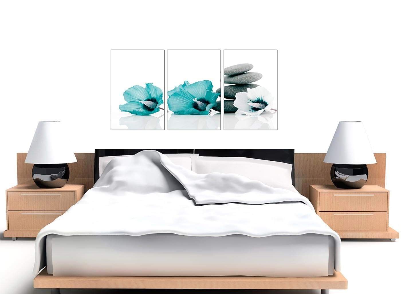 Modern Teal Grey White Flowers Zen Stones Floral Canvas