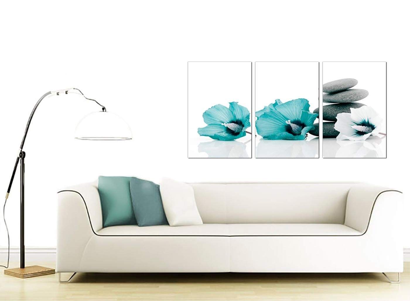 Modern Teal Grey White Flowers Zen Stones Floral Canvas