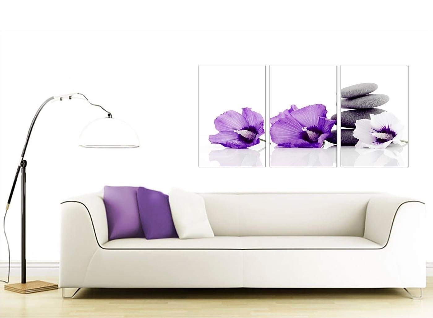 Large Purple Grey White Flowers Zen Stones Floral Canvas Art