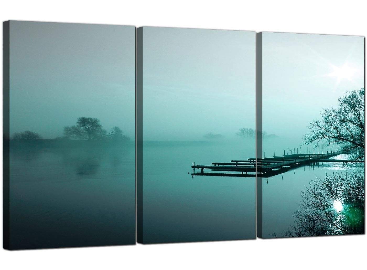 Teal Coloured Sunrise Jetty Lake View Landscape Canvas Art