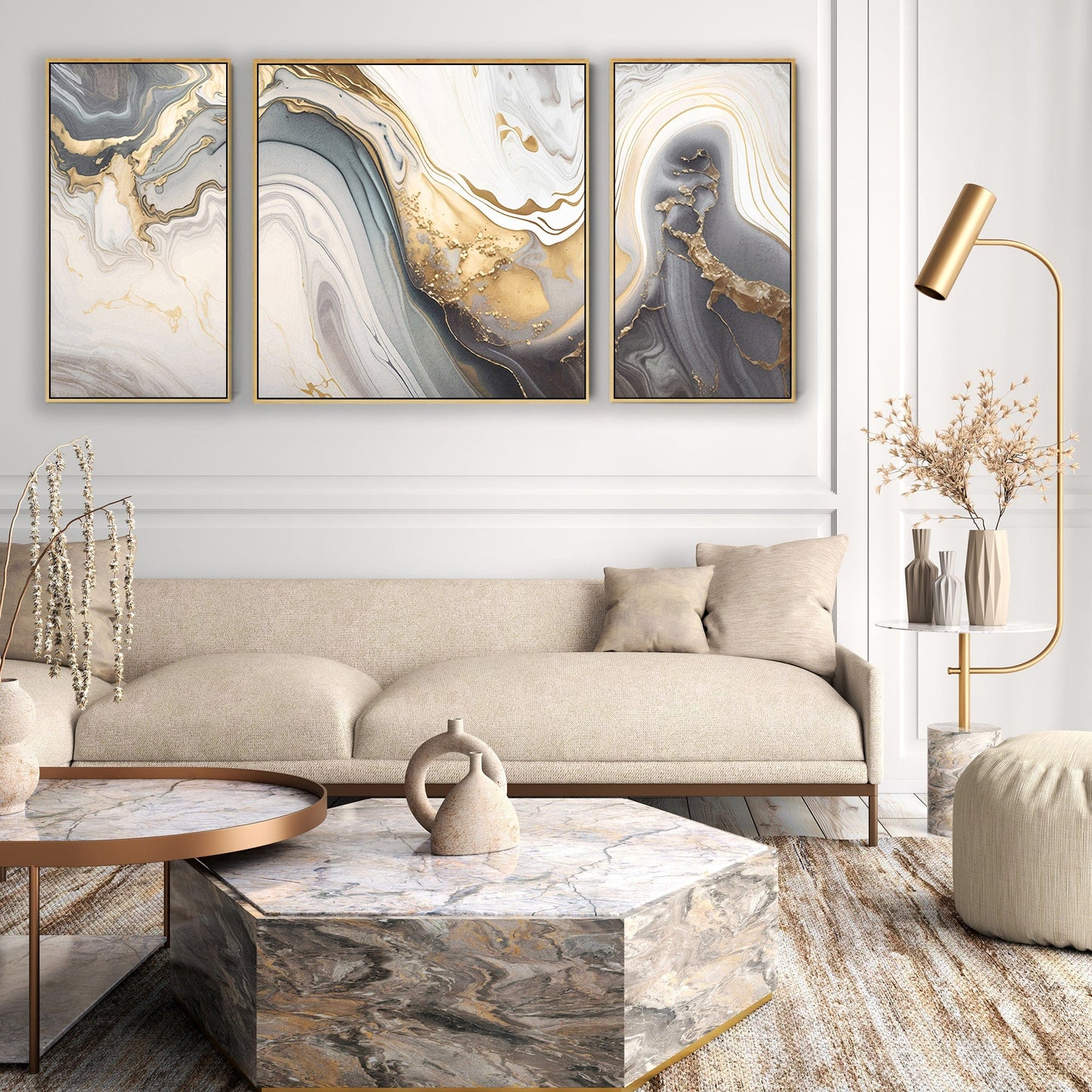 Large Modern Grey Gold Abstract Wall Art for Living Room - Framed Set of 3 - 212cm Wide