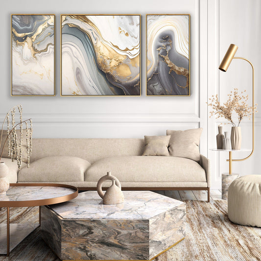 Large Modern Grey Gold Abstract Wall Art for Living Room - Framed Set of 3 - 212cm Wide