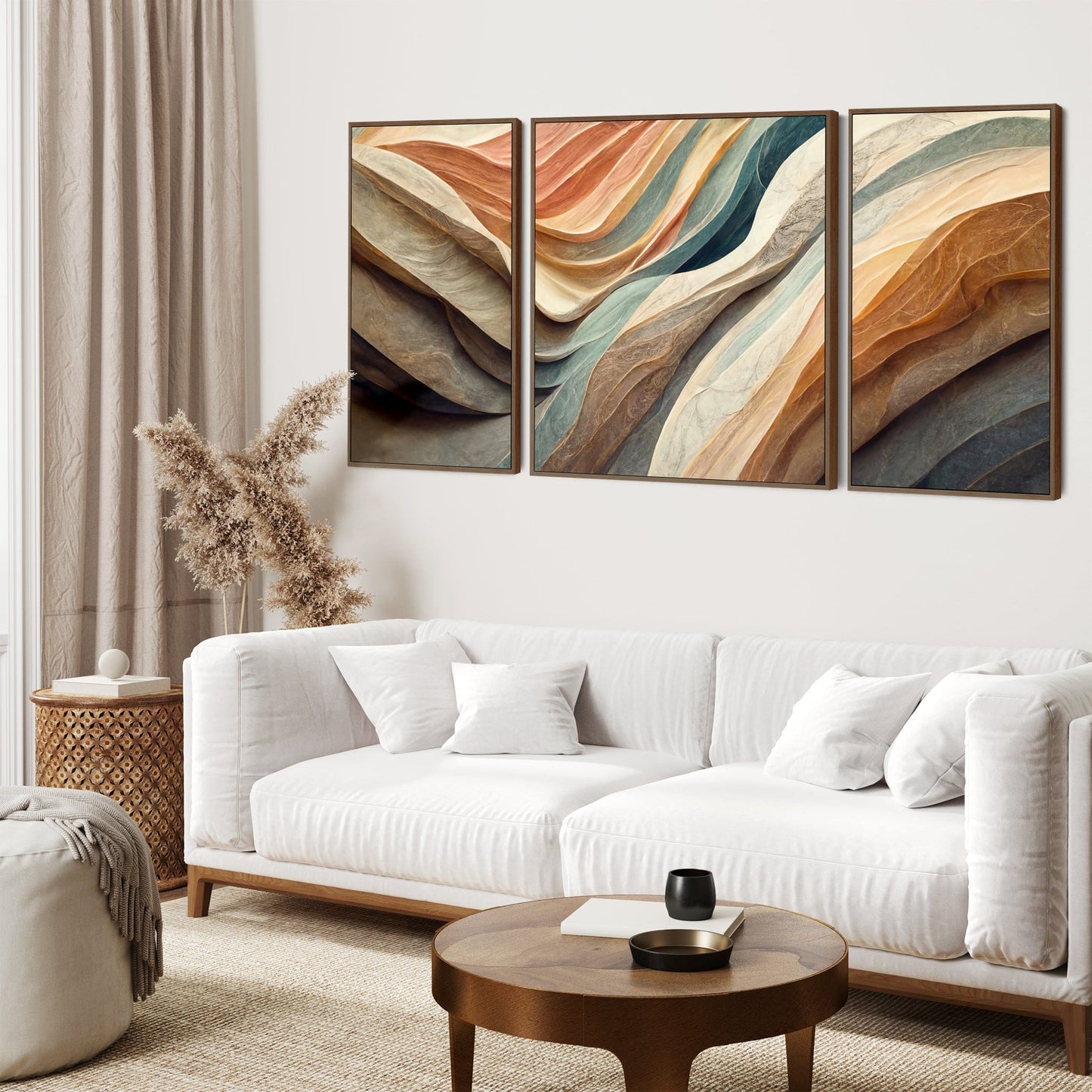 Extra Large Framed Wall Art Pictures for Living Room - Abstract Set of 3 - Teal Green Terracota - XXL 212cm Wide
