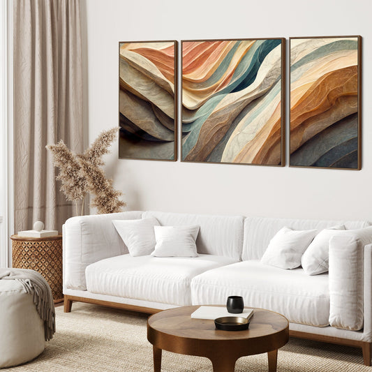 Extra Large Framed Wall Art Pictures for Living Room - Abstract Set of 3 - Teal Green Terracota - XXL 212cm Wide