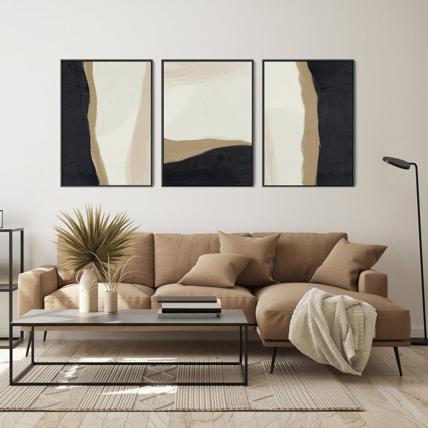 Large Set of 3 Wall Art For Living Room - Framed Abstract Black Cream