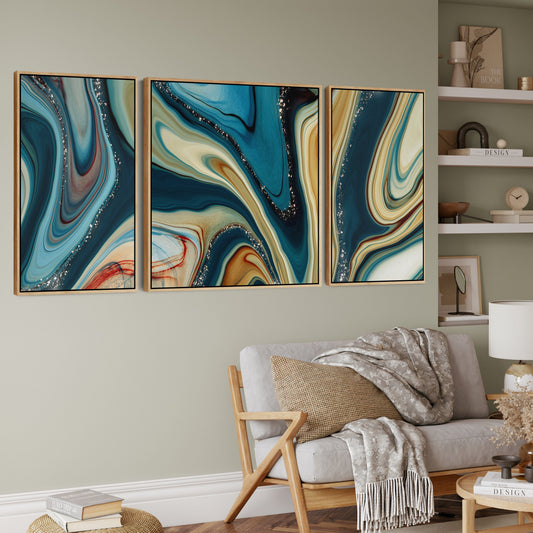 Extra Large Framed Wall Art Pictures for Living Room - Teal Blue Abstract - Set of 3 - XXL 212cm Wide