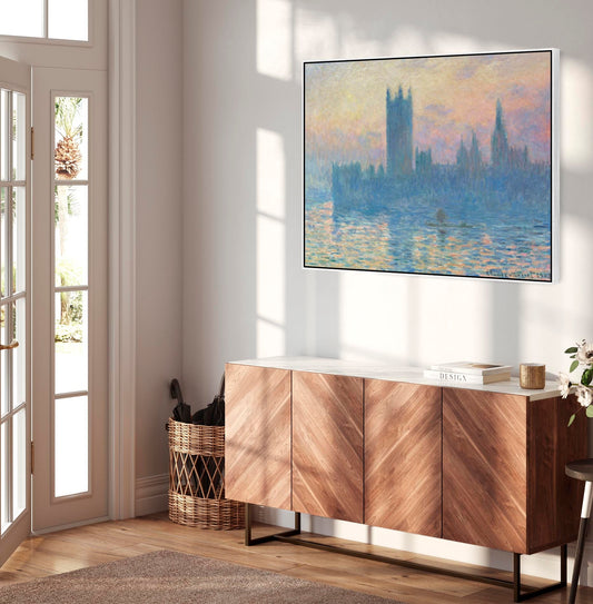 Large Claude Monet Framed Canvas Print of Houses of Parliament London Landscape Painting
