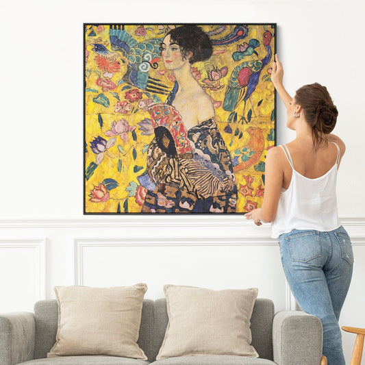 Large Gustav Klimt Framed Wall Art Canvas - Lady with Fan - 100cm x 100cm