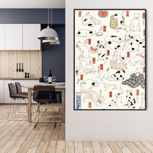 Japanese Cats Wall Art Framed Canvas Print of Utagawa Kuniyoshi Painting