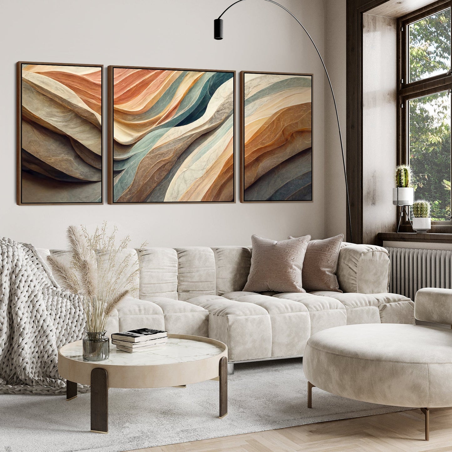 Extra Large Framed Wall Art Pictures for Living Room - Abstract Set of 3 - Teal Green Terracota - XXL 212cm Wide