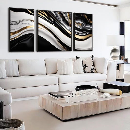 Extra Large Black Gold Framed Wall Art - Modern XXL Set 3 Canvas - 212cm Wide