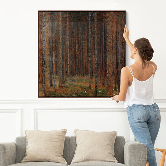 Large Gustav Klimt Tannenwald Framed Forest Wall Art Canvas of Fir Trees - 100cm x 100cm