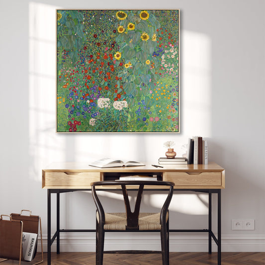 Large Gustav Klimt Farm Garden - Framed Canvas Print - Green Floral - 100cm x 100cm