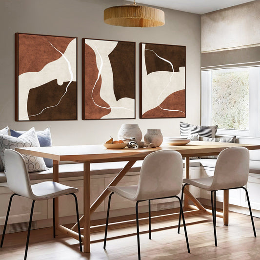 Extra Large Set of 3 Framed Wall Art for Living Room - Abstract Brown Canvas