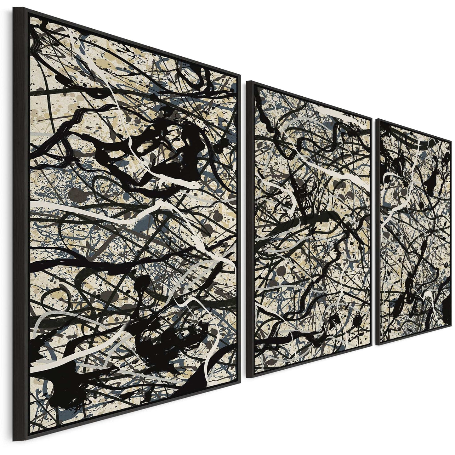 Neutral Wall Art for Living Room - Set of 3 Abstract Pictures Jackson Pollock Style - 2m Wide