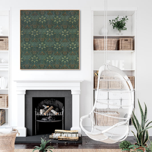 Large Green William Morris Wall Art Framed Canvas Print of Famous Ispahan Pattern - 100cm x 100cm