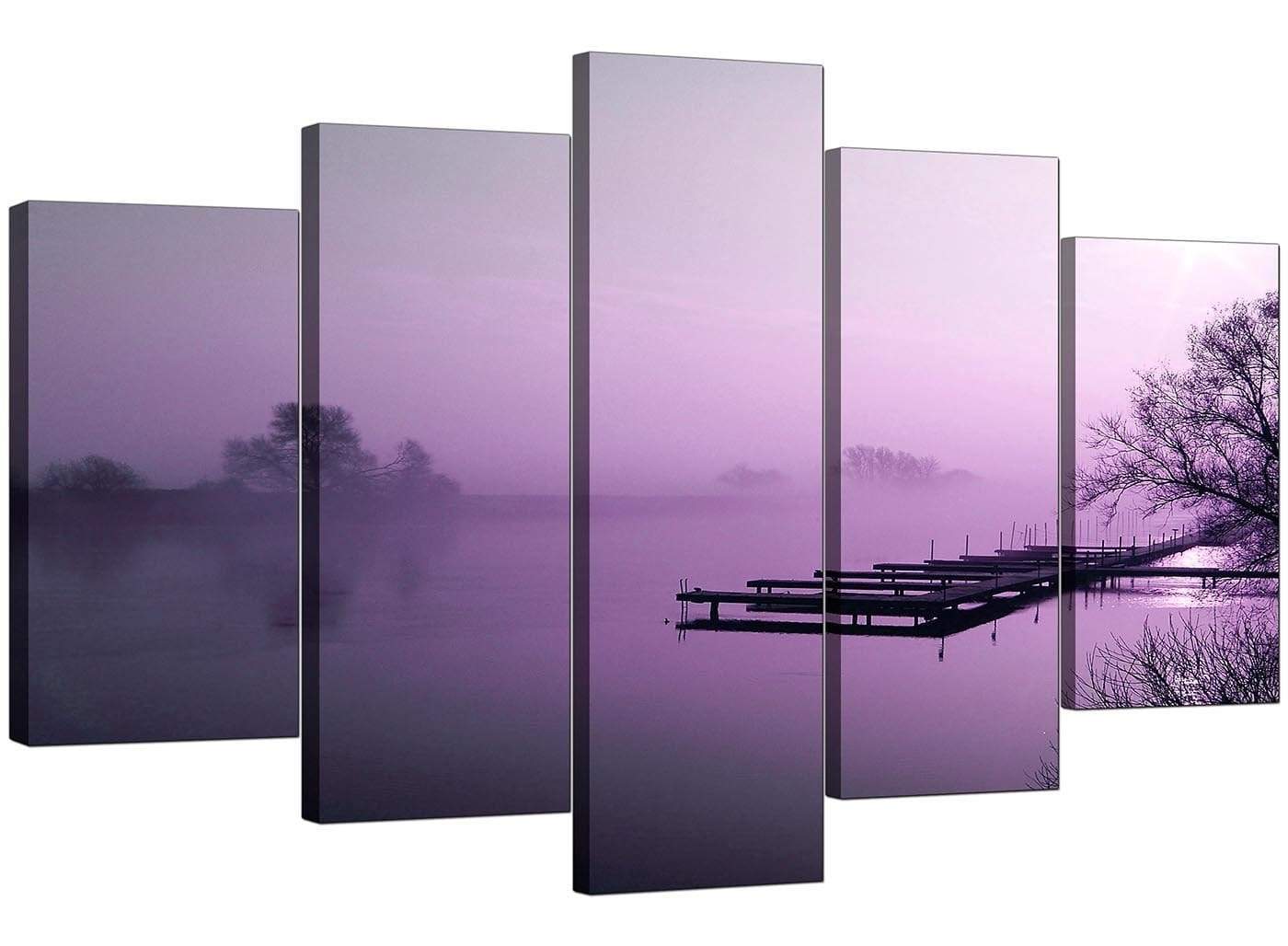 Purple Sunset Jetty Lake View Landscape Modern Canvas Art