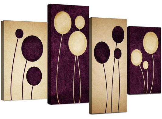 Purple Cream Flowers Modern Abstract Floral Canvas - 4 Piece Set - 130cm - 4124