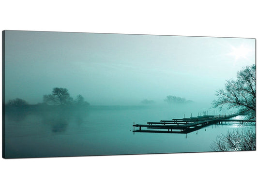 Teal Coloured Sunrise Jetty Lake View Landscape Canvas Art