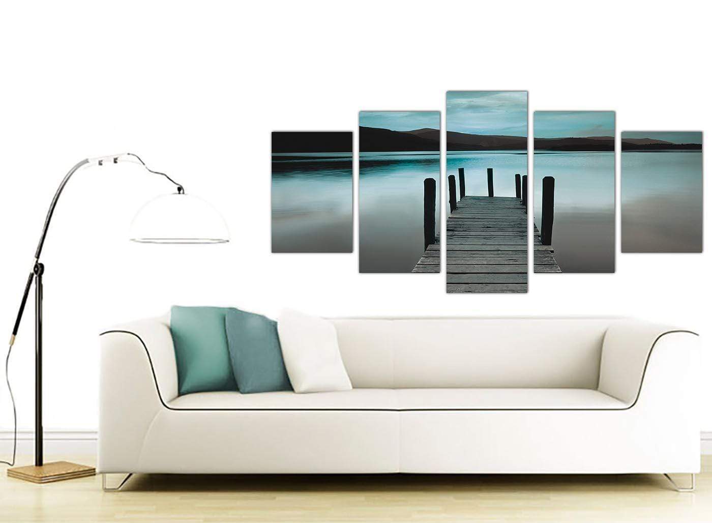 Modern Teal Grey Coloured Lake Jetty View Landscape Canvas